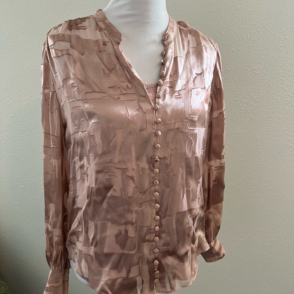 White House Black Market Blush Pink Satin Button-Front Blouse - Picture 5 of 14